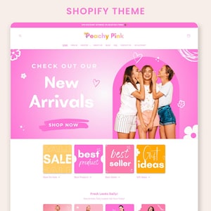Tema Shopify rosa pesca: design boutique femminile (modelli Canva)