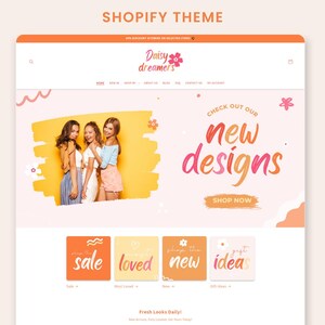 Puede incluir: Una página de inicio de un sitio web para una tienda llamada "Daisy Dreamers" con un esquema de color rosa y naranja y un banner que dice "Echa un vistazo a nuestros nuevos diseños. Compra ahora." El banner tiene una foto de tres mujeres de pie frente a un fondo amarillo. Debajo del banner hay cuatro imágenes cuadradas con las palabras "venta", "amado", "nuevo" y "ideas" en ellas.