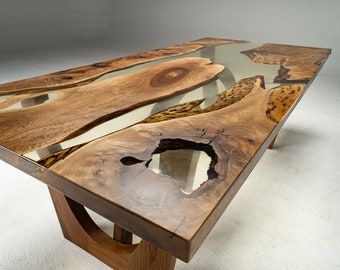 Walnut Wood Epoxy Table, Walnut Table With Wooden Legs, Custom Clear Epoxy Resin Dining Table, Walnut Wood Kitchen Table