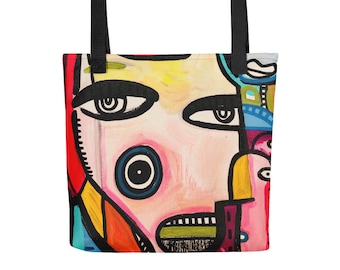 Funky Faces Original Design by Jelene - 15" x 15" Size Tote bag, Beach Bag, Shopping Bag