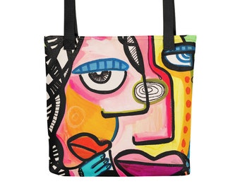 Funky Faces Original Design by Jelene - 15" x 15" Size Tote bag, Beach Bag, Shopping Bag