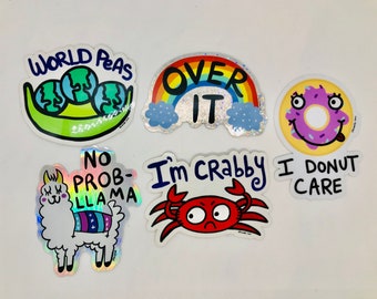 Set of 5 Original Vinyl Stickers by Jelene - Stickers, Crabby Crab, Llama, Donut, Rainbow, World Peas Vinyl sticker, Waterproof Sticker