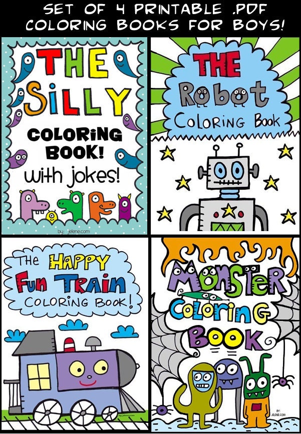 SET of 4 Printable Digital PDF Coloring Books Jokes, Kids, Train, Monsters,  Robots 