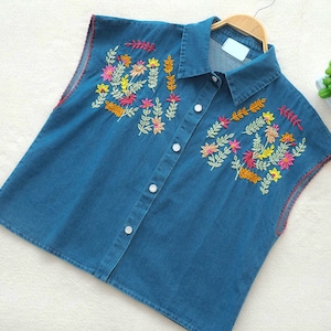 New Hand Embroidered Flower Sleeveless Denim Shirt image 1