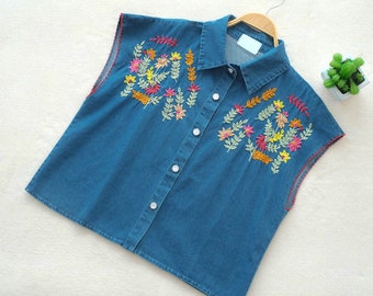 New Hand Embroidered Flower Sleeveless Denim Shirt
