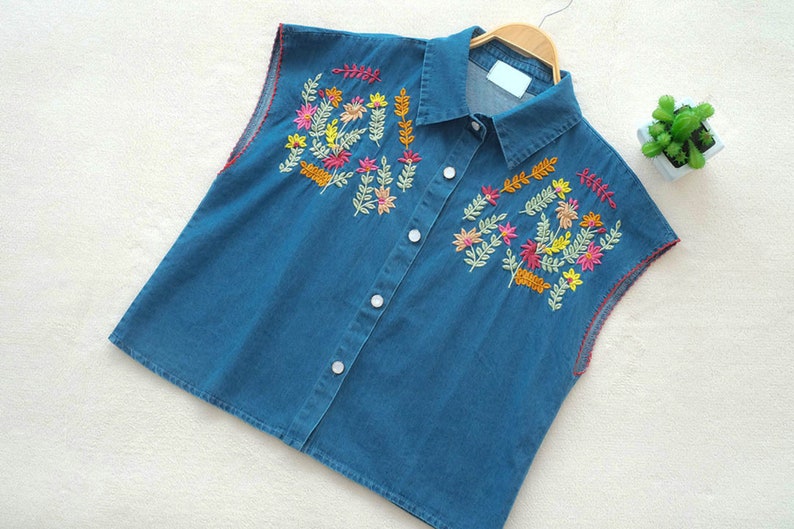 New Hand Embroidered Flower Sleeveless Denim Shirt image 1