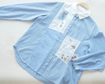 Blue Striped with Embroidered Patchwork Long-Sleeved Cotton Shirt