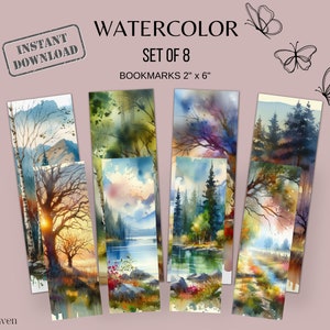 Watercolor Bookmarks, Printable Bookmark, Nature Landscape Designs, Digital Download, 8 Pack Bookmark 2x6 Inches, Instant Download, PDF