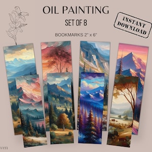 Oil Painting Bookmarks, Printable Bookmark, Nature Landscape Designs, Digital Download, 8 Pack Bookmark, 2x6 Inches, Instant Download, PDF