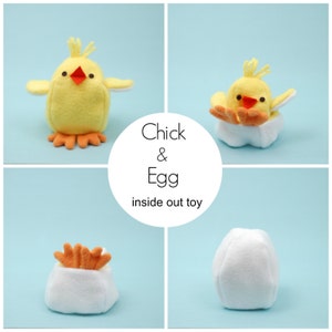 Chick and Egg. Inside Out Softie. Sewing pattern. DIY. Farm plushie. Easter DIY for kids. Reversible toy. Sew your own plushie. Chick softie