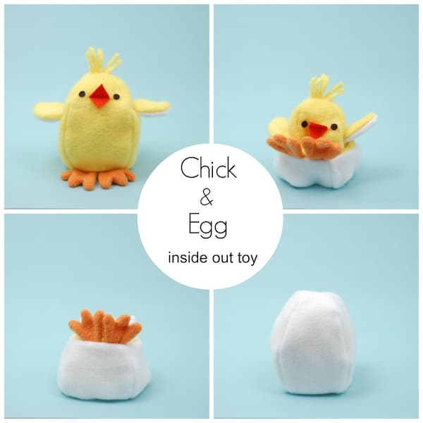 Chick and Egg. Inside Out Softie. Sewing pattern. DIY. Farm plushie. Easter DIY for kids. Reversible toy. Sew your own plushie. Chick softie