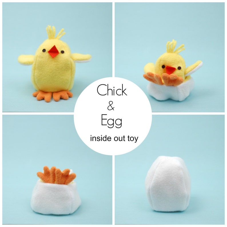 Chick and Egg. Inside Out Softie. Sewing pattern. DIY. Farm plushie. Easter DIY for kids. Reversible toy. Sew your own plushie. Chick softie image 1