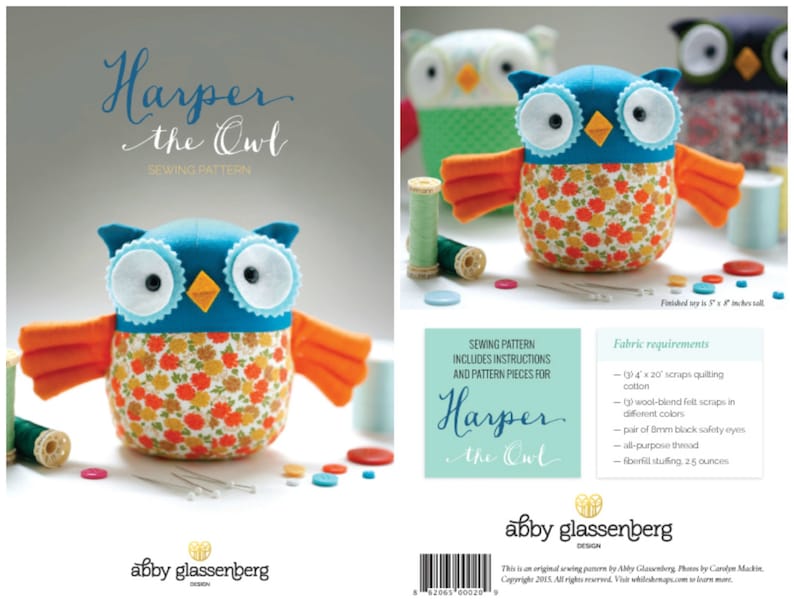 Owl Kit and sewing pattern. Sewing kit. Plushie kit. Sew your own softie kit. Woodland owl sewing pattern and kit. Sew it yourself owl. image 2