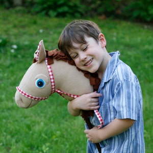 以下が含まれることがあります： 茶色のぬいぐるみ製の棒馬で、茶色のたてがみと赤と白のチェック柄の手綱が付いています。おもちゃの馬は青い目をしています。青いストライプのシャツを着た人がおもちゃを持っています。背景は緑の草です。