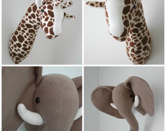 Elephant and Giraffe Plush Taxidermy -  PDF Sewing Pattern with Step-by-Step Photos and Easy Instructions