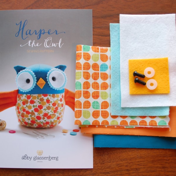 Owl Kit and sewing pattern. Sewing kit. Plushie kit. Sew your own softie kit. Woodland owl sewing pattern and kit. Sew it yourself owl.