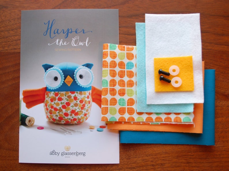 Owl Kit and sewing pattern. Sewing kit. Plushie kit. Sew your own softie kit. Woodland owl sewing pattern and kit. Sew it yourself owl. image 1