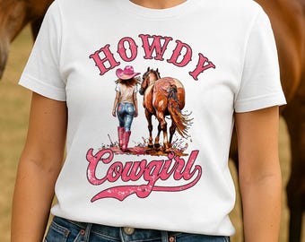 Cowgirl-T-Shirt - Howdy Cowgirl Western-Grafik-T-Shirt, Pferdemädchen-Shirt, Rodeo-Outfit-Shirt, Land-Konzert-Shirt