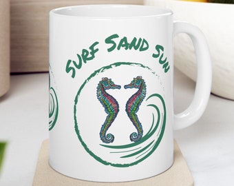 Sea Horse Ceramic Mug Surfer  - Coastal Vibes Coffee Mug- A Surf, Sand, and Sun Delight