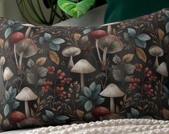 Mushroom Throw Pillow, Cottagecore Pillow, Woodland Lumbar Pillow, Forest Decor, Botanical Pillow, Nature Home Decor Gift