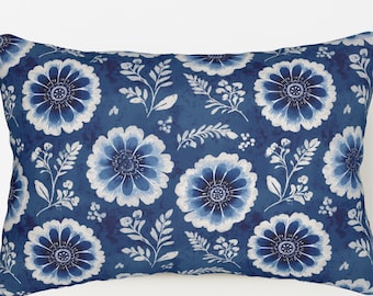 Blue Floral Pillow, Blue Cottage Decor, Floral Lumbar Pillow, Grandmillennial Decor, Blue White Pillow