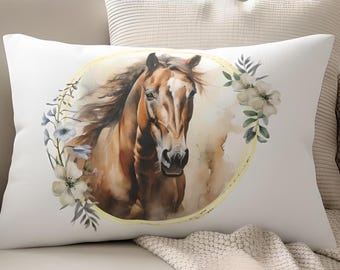 Lendenkussen paard aquarel 20 x 14, decor paard, western woondecoratie, cadeau paardenliefhebber, kussen ruiter