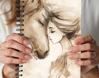 Notitieboek met paard en meisje, Portretdagboek met paard en meisje, Schetskunst van vrouw en paard, Paardrijdagboek, Cadeau voor paardenliefhebbers, Rijdagboek