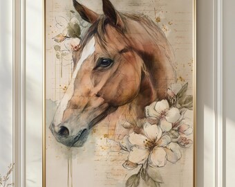 Floral Pferd Wand Kunst druckbare, Pferde Wandkunst, Vintage Pferd, Reitkunst, Pferd Aquarell Druck, Pferde-Liebhaber Geschenk, digitaler Download