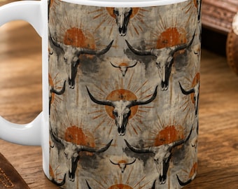 Western Mug, Longhorn Skull Mug, Western Coffee Mug, Cowgirl Gift, Western Decor, Ranch Gift, Cowboy Mug