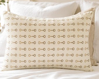 Luxury Equestrian Lumbar Pillow, Horse Bit Throw Pillow, English Country Decor, Neutral Farmhouse Cushion, Horse Lover Gift