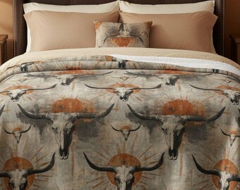 Western Longhorn-Wohndecke, Kuhschädeldecke, Western-Deko, Ranchdecke, Geschenk für Cowgirls, rustikale Fleecedecke, Südwest-Deko