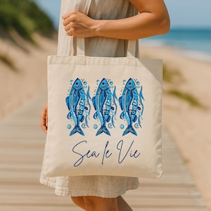 Fish Tote Bag with Sardine Print Reusable Market Tote Summer Canvas Bag Fisherman Coastal Gift Preppy Beach Bag Eco Friendly Shopping