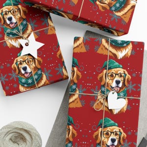 Golden Retriever Christmas Gift Wrap + Funny Holiday Dog Paper Sheets + Matte or Satin + Free US Shipping