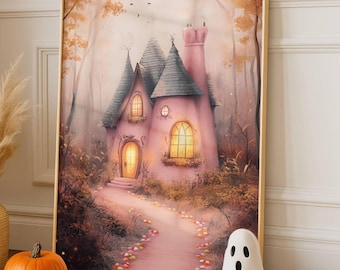 Pink Witch Cottage Wall Art Printable, Pastel Halloween Decor, Cute Spooky House Print, Cottagecore Fall Wall Art, Halloween Download