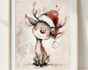 Christmas Reindeer Nursery Wall Art Printable, Baby Reindeer Christmas Print, Woodland Nursery Decor, Holiday Kids Room Digital Download