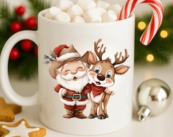 Cowboy Santa PNG, Western Christmas PNG, Cute Santa Reindeer Clipart, Sublimation Shirt Design, Holiday PNG Download