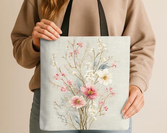 Bolso de tela floral, bolso de tela con estampado botánico de flores silvestres, bolso de mercado con estampado floral en acuarela, bolso de compras reutilizable, regalo para ella.
