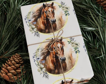 Watercolor Horse Wrapping Paper, Equestrian Floral Gift Wrap Roll, Horse Lover Birthday & Christmas Wrapping Paper