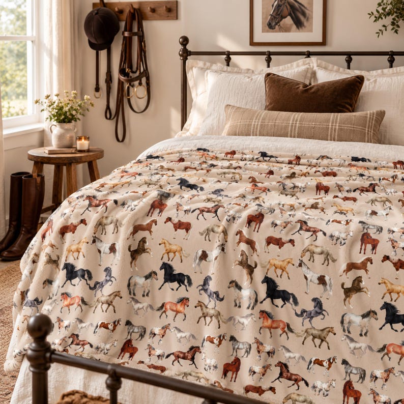 Horse throw blanket with a detailed all-over equestrian horse pattern displayed on a cozy neutral bedroom bed with riding tack, boots and horse wall art.