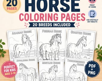Pferde Malseiten für Kinder, 20 Pferderassen Malbuch PDF, Pony Malvorlagen, Sofort Download für Kinder