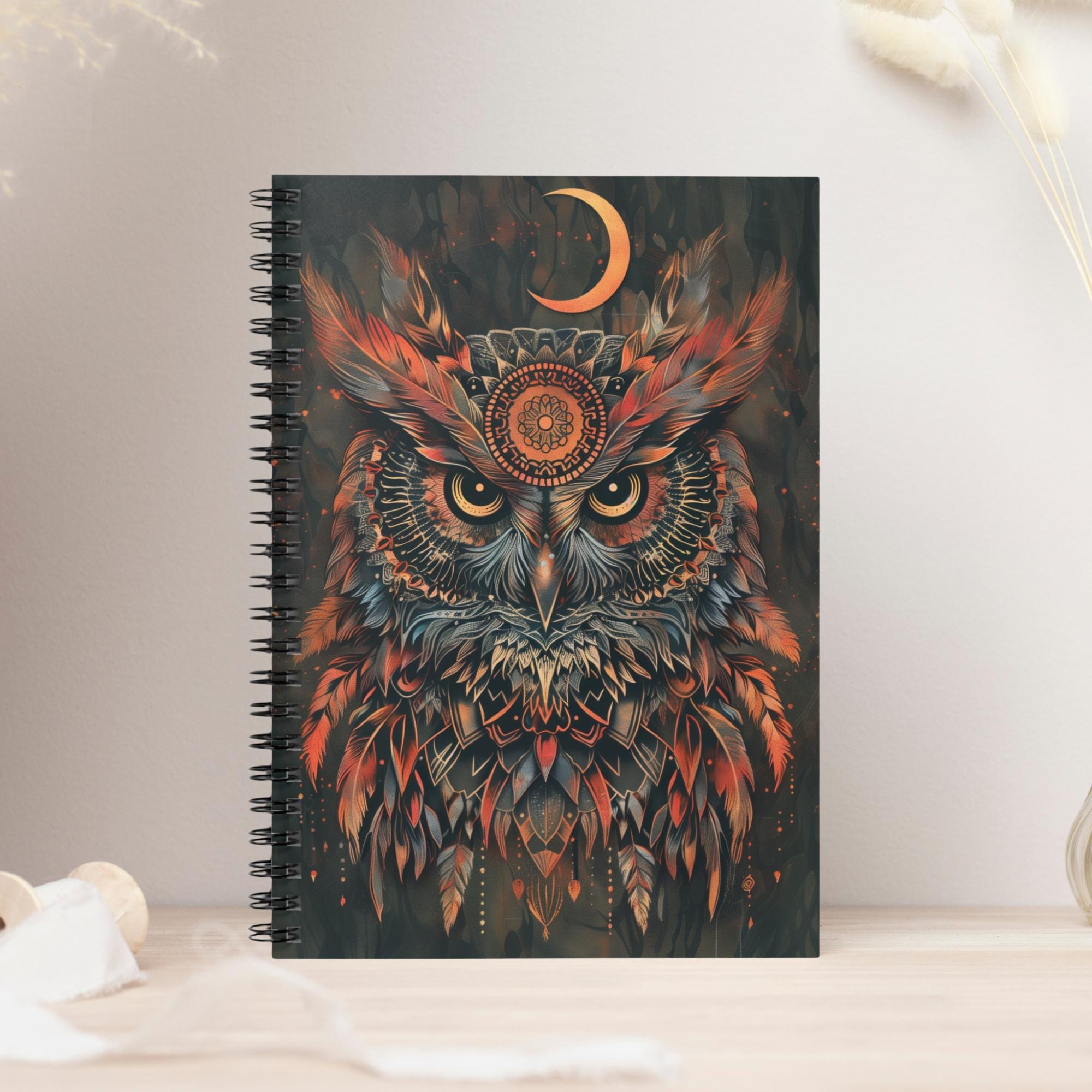 Owl Spiral Notebook, Celestial Owl Journal, Moon Notebook, Boho Owl Stationery, Writing Journal, Owl