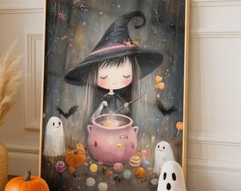 Halloween Printable Wall Art, Cute Witch Art Print, Pastel Ghost Pumpkin Decor, Kids Halloween Decor, Digital Download