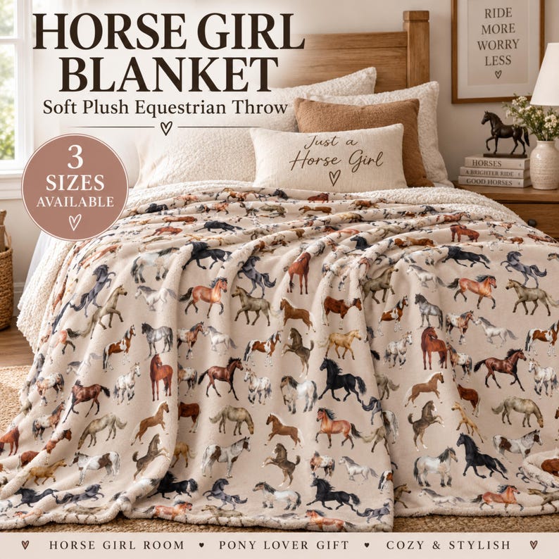 Velveteen horse blanket featuring an all-over pattern of brown, black, grey, white and painted horses, styled in a cozy neutral horse girl bedroom.
