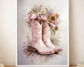 Pink Floral Cowgirl Boots Wall Art Printable, Western Decor, Vintage Cowgirl Boots Print, Western Wall Art, Cowgirl Room Decor