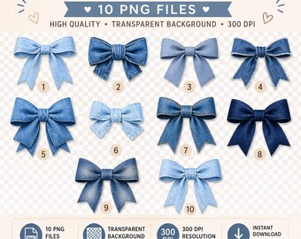 Jeansschleifen-PNG-Bundle, blaue Jeansschleife (PNG), kokette Schleife (Clipart), Jeansband (PNG), 10 blaue Schleifen (PNG), Sublimationsdesign