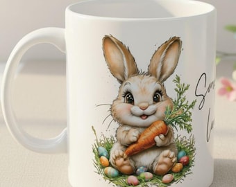 Påskharemugg, Morotshanekaffekopp, Vårmugg present till mamma, Söt haremugg, Påskkorgpresent, Blommig haremugg