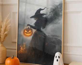Halloween väggkonst häxatryck, läskig väggkonst utskrivbar, vintage gotisk häxaffisch, mörk stämningsfull Halloweendekor, pumpakonst