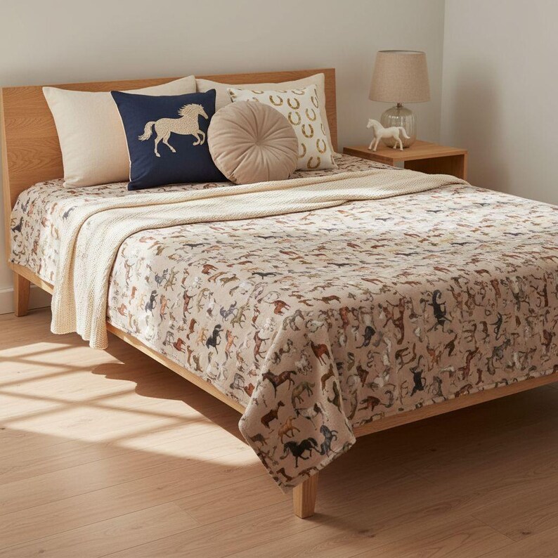Beige horse plush blanket on modern wood bed in cozy western bedroom decor, soft velveteen throw featuring multiple horse breeds pattern, equestrian bedding, horse lover bedroom, western home decor, farmhouse neutral blanket, horse girl gift idea, cozy throw blanket for bed, rustic horse decor, warm winter bedding, country style bedroom, aesthetic horse pattern blanket, soft plush bedspread, horse themed room, equestrian home styling