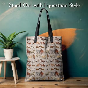Rustic-style horse tote bag with all-over horse breed design, displayed against a trendy, earthy background. This fashionable equestrian tote is perfect for barn runs, farmers markets, or everyday errands. A charming gift for horse lovers and country girls who want to show off their rustic style while staying organized and stylish.