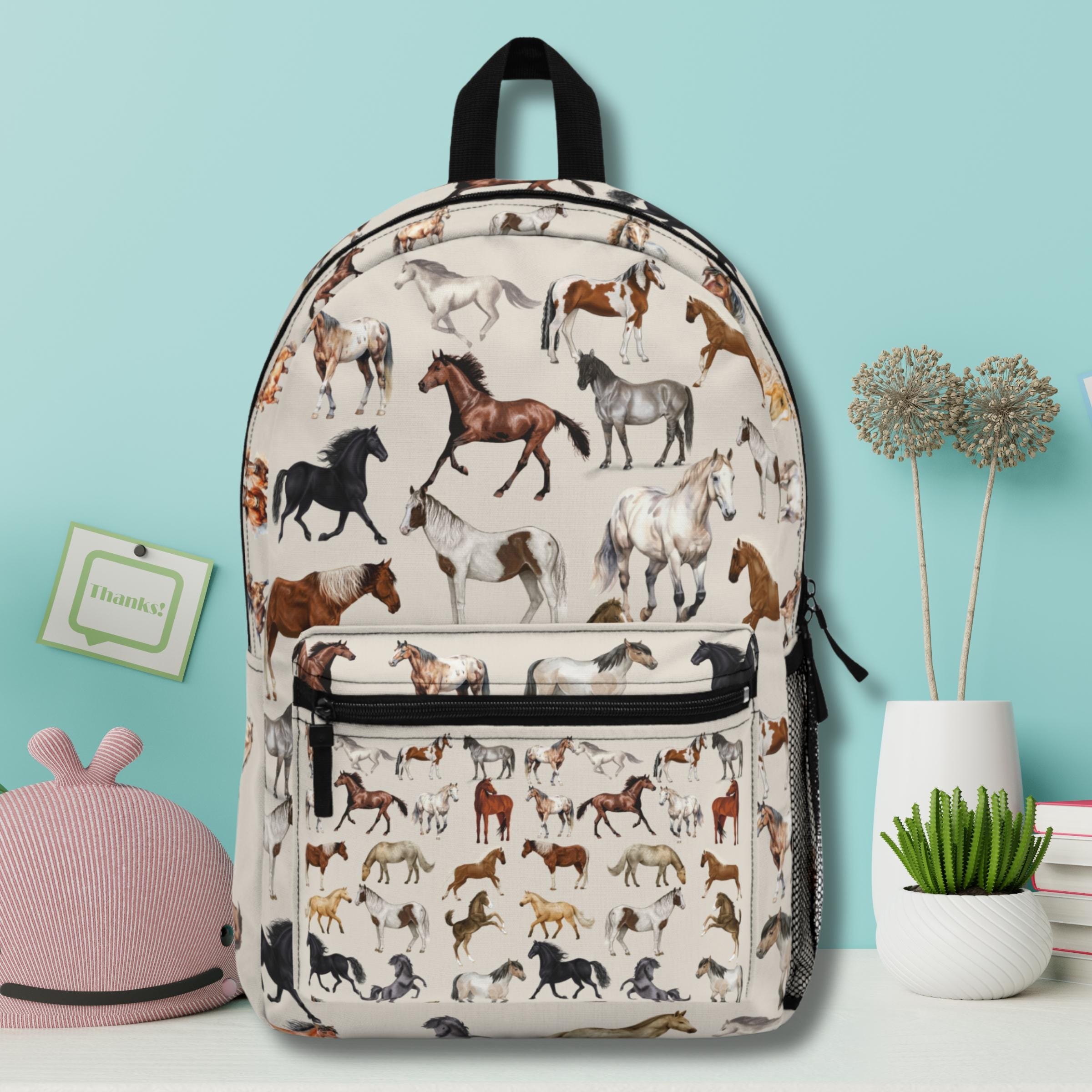 Beige Horse Backpack, Equestrian Bag for Kids, Stylish Back to School